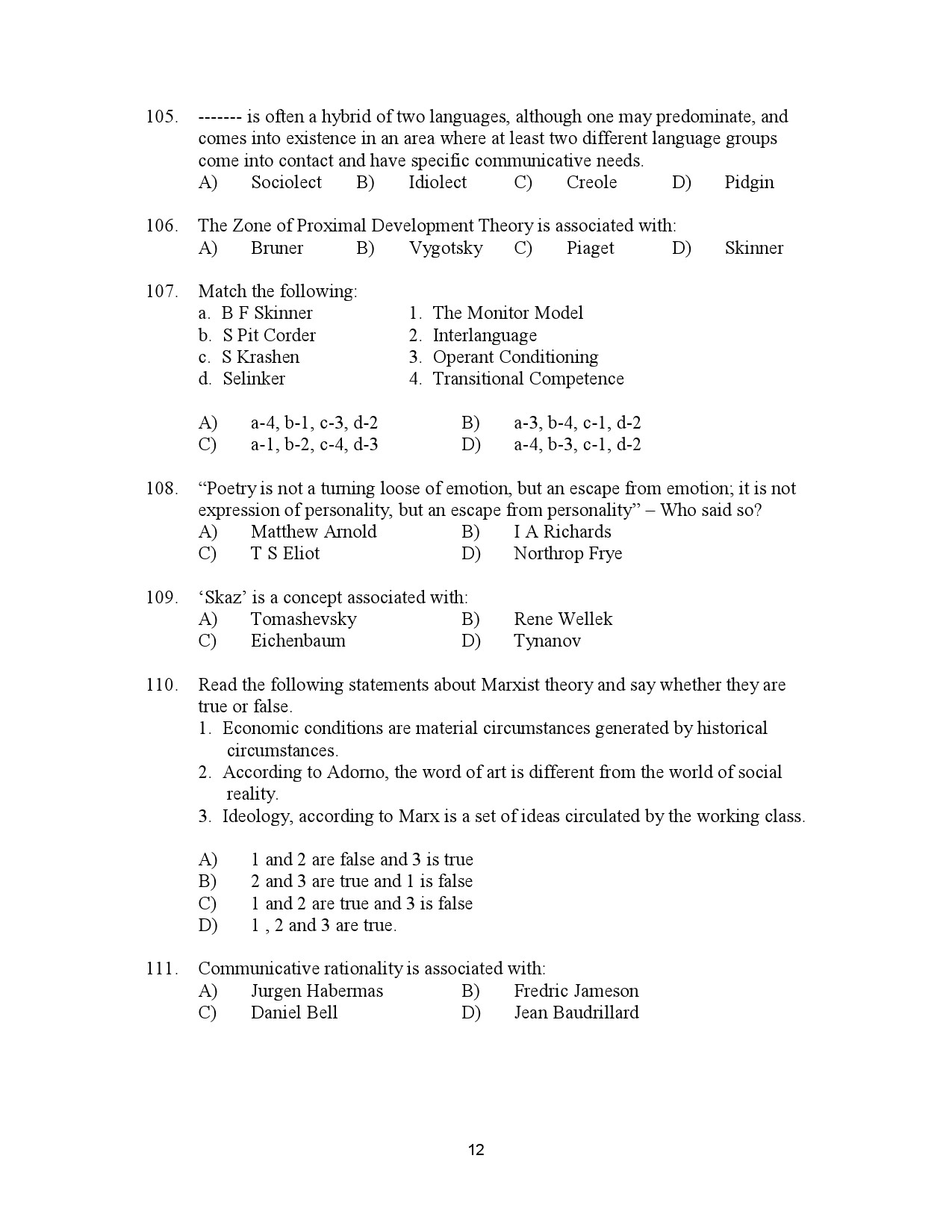 Kerala SET English Exam Question Paper July 2023 12
