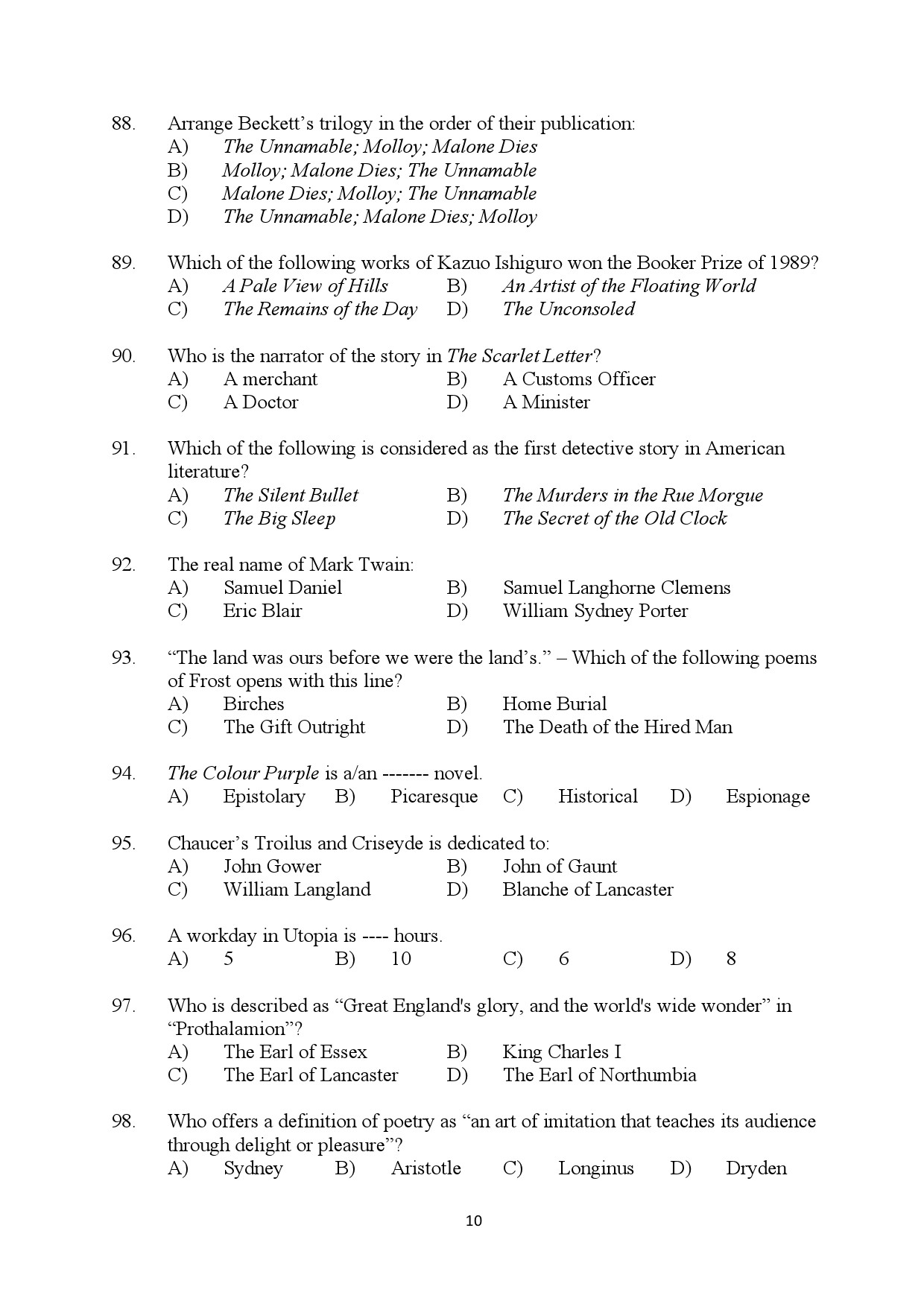 Kerala SET English Exam Question Paper July 2024 10