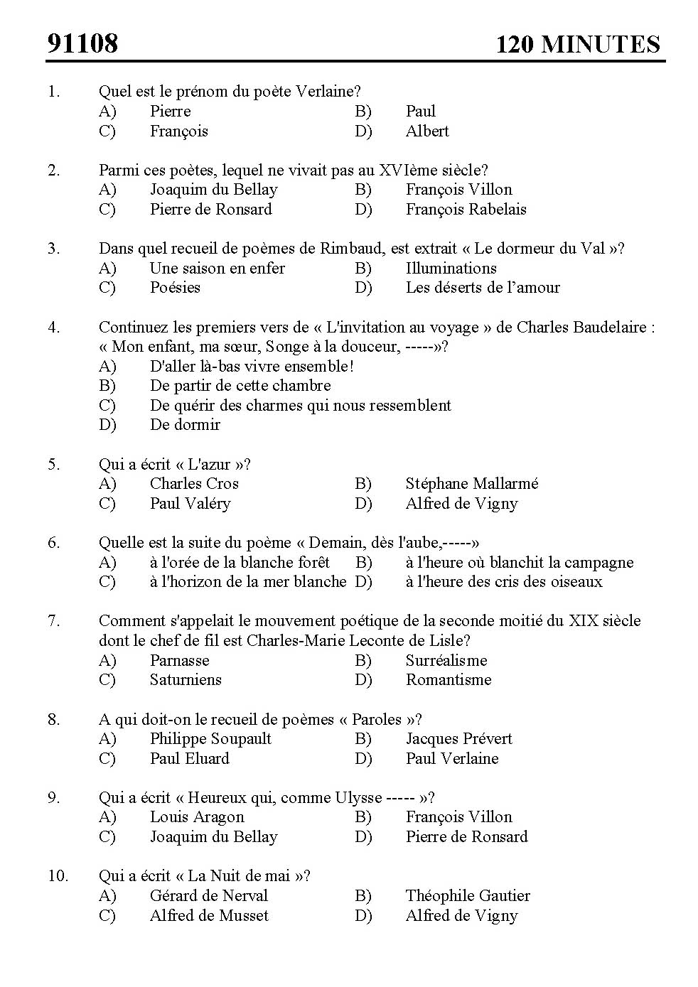 Kerala SET French Exam 2011 Question Code 91108 1