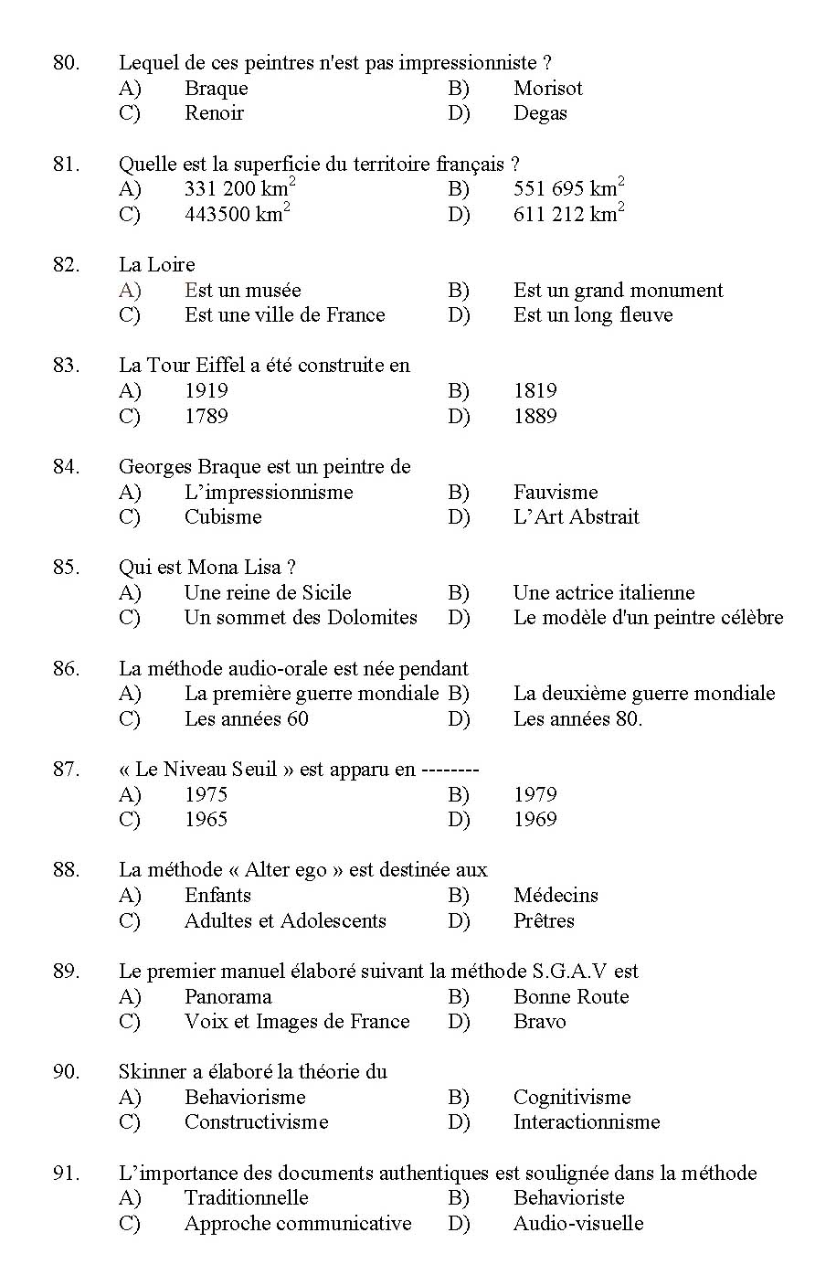 Kerala SET French Exam 2011 Question Code 91108 8