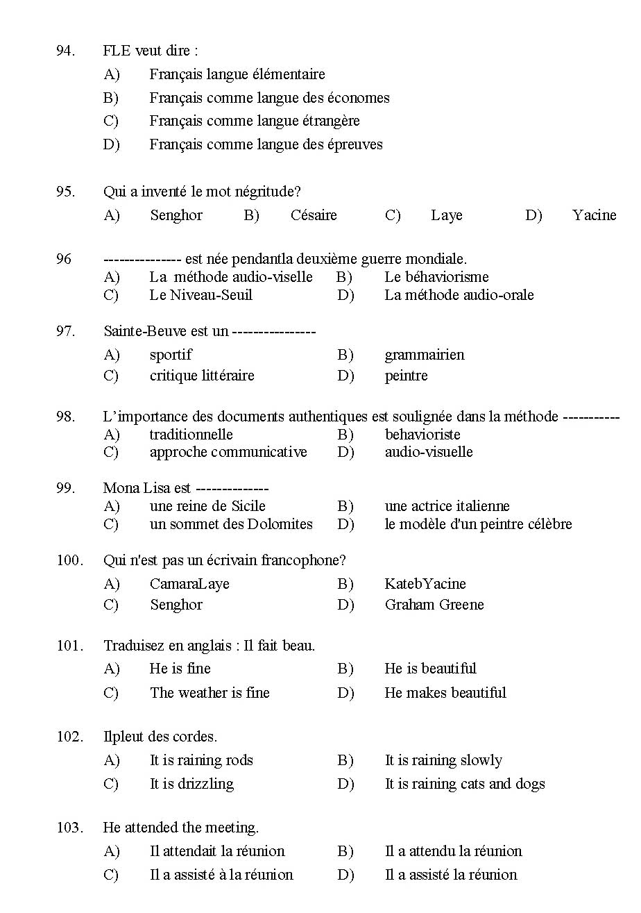Kerala SET French Exam 2014 Question Code 14208 10
