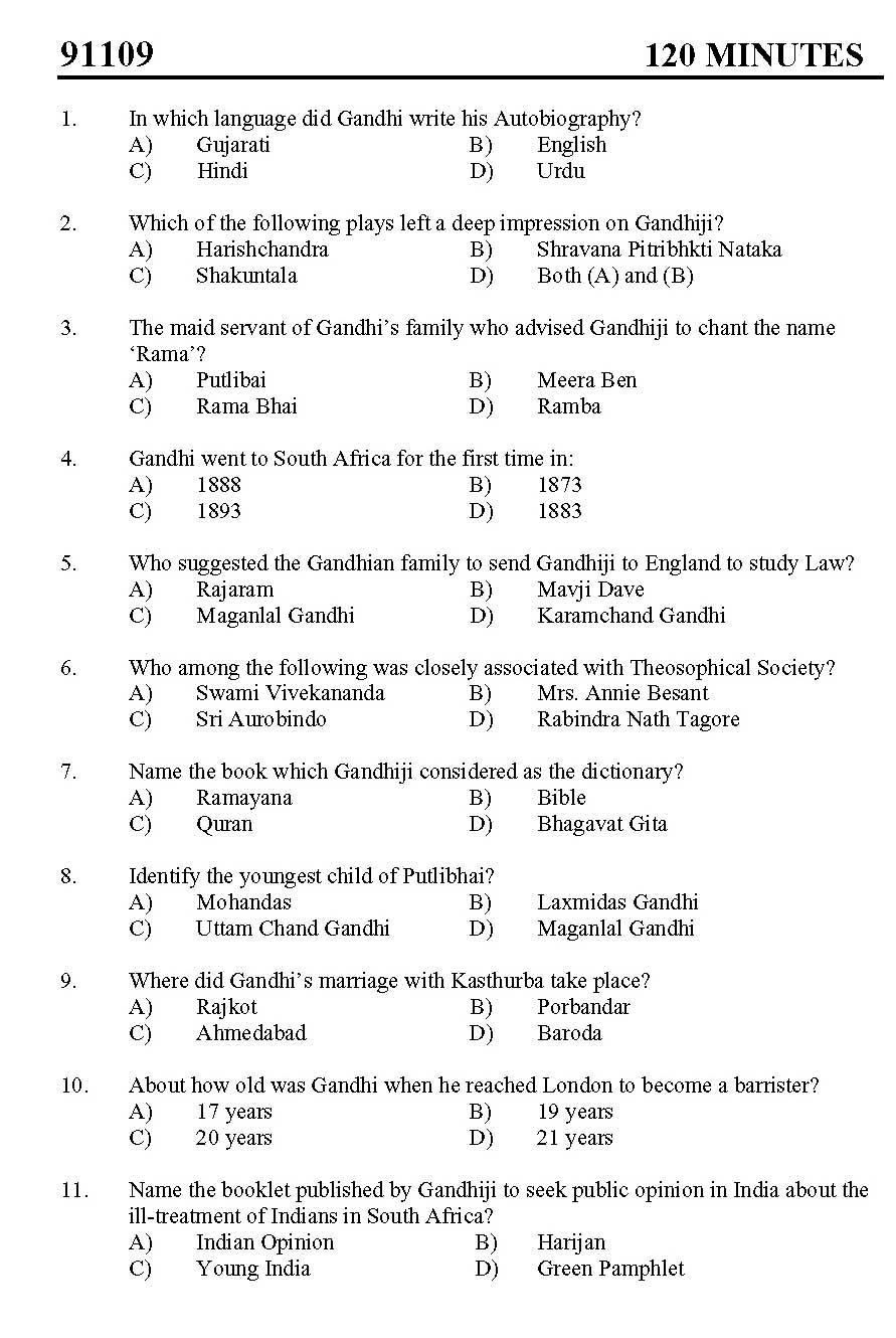 Kerala SET Gandhian Studies Exam 2011 Question Code 91109 1