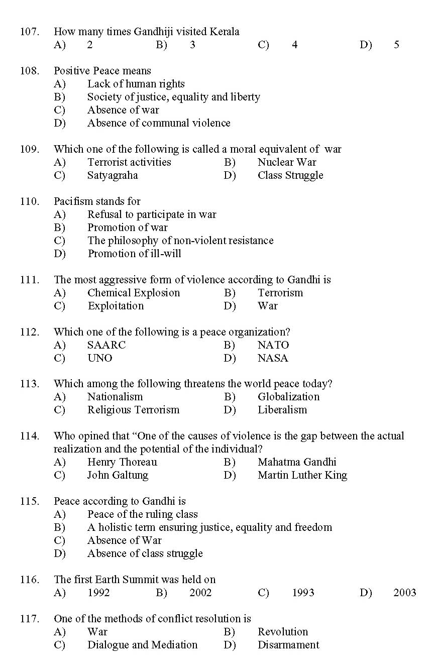 Kerala SET Gandhian Studies Exam 2011 Question Code 91109 11