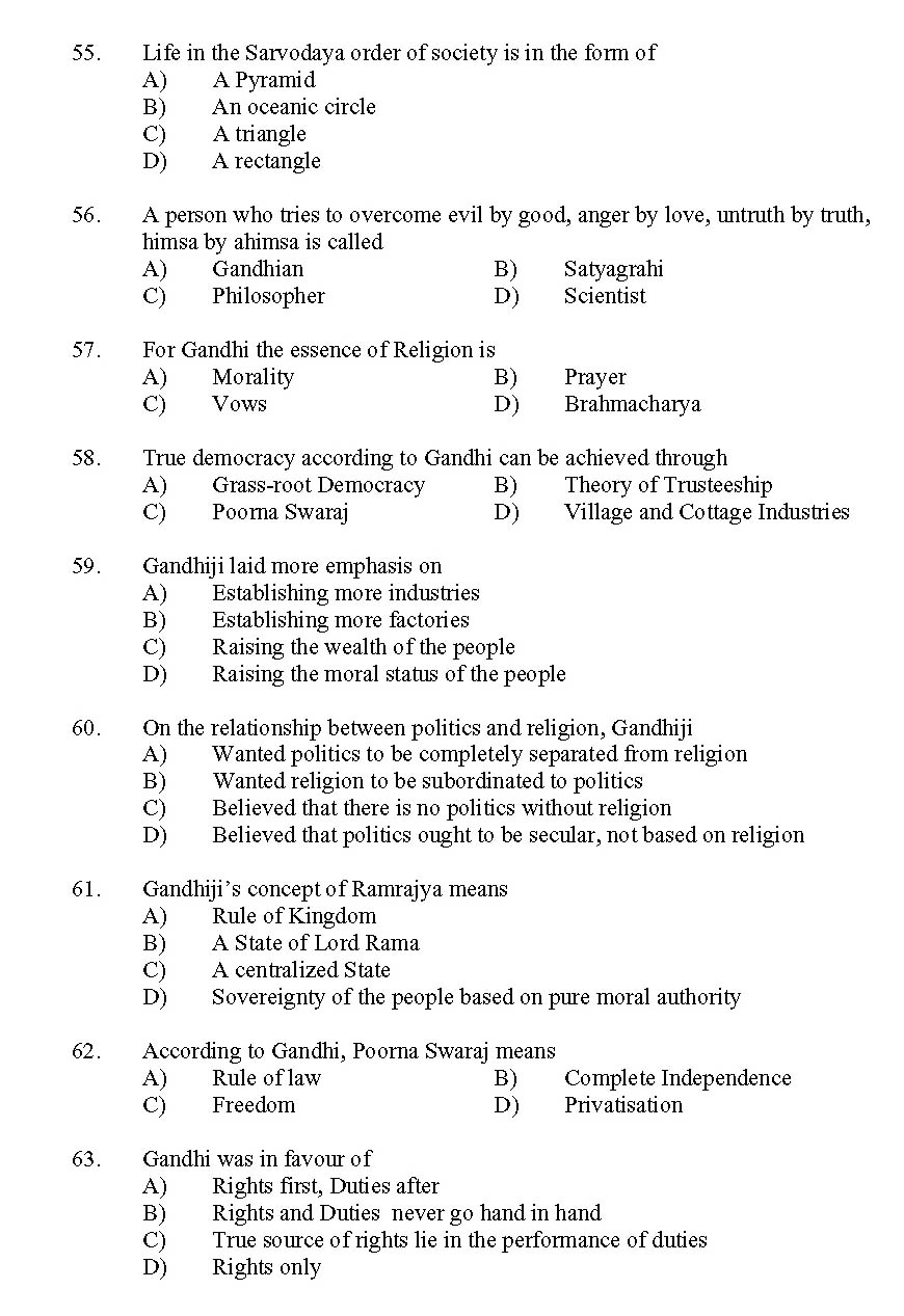 Kerala SET Gandhian Studies Exam 2011 Question Code 91109 6