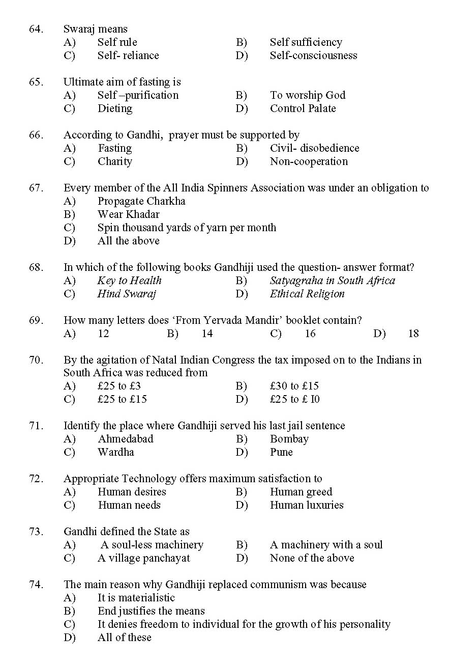 Kerala SET Gandhian Studies Exam 2011 Question Code 91109 7