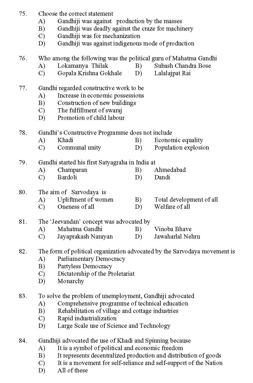 Kerala SET Gandhian Studies Exam 2011 Question Code 91109 8