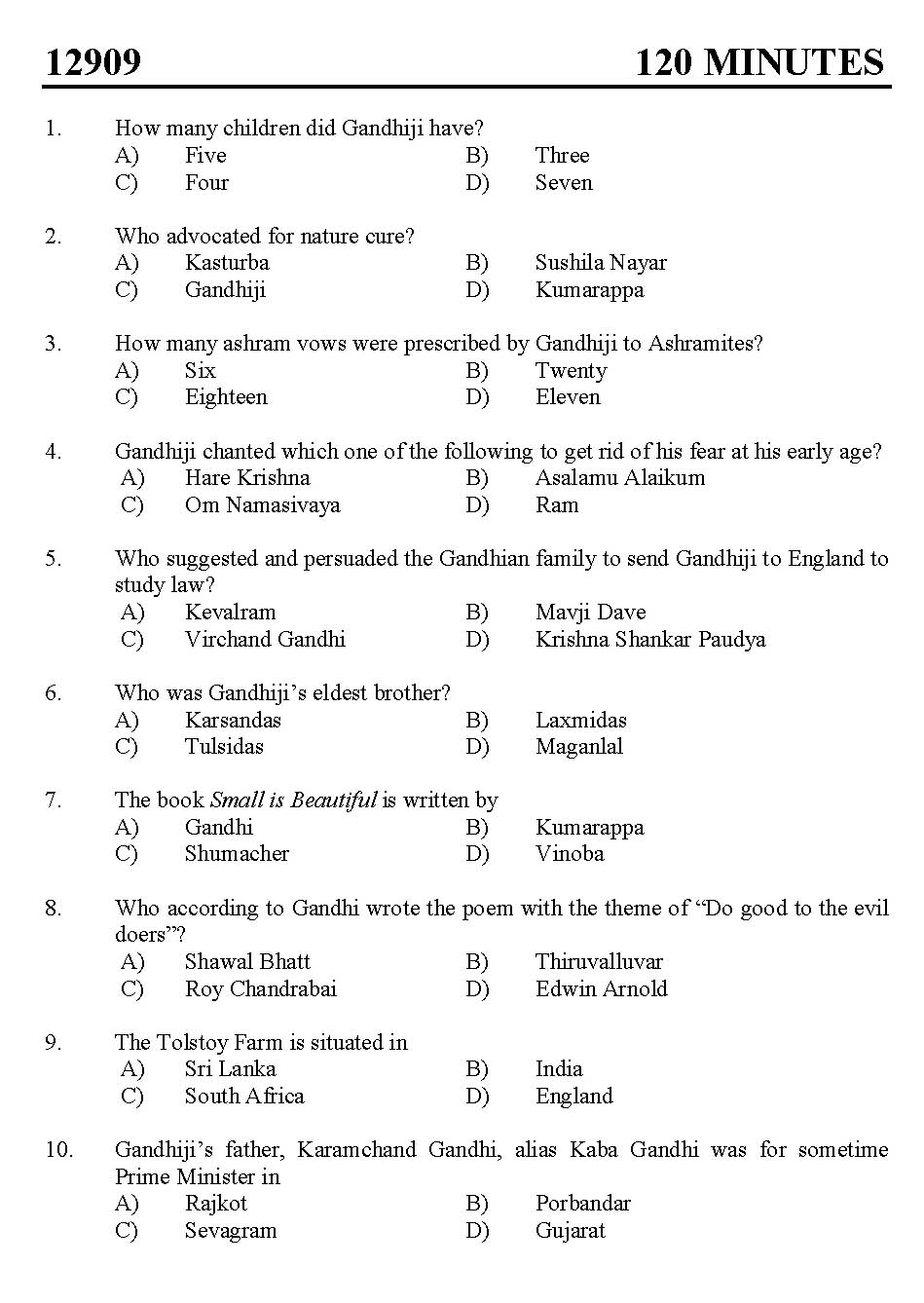 Kerala SET Gandhian Studies Exam 2012 Question Code 12909 1