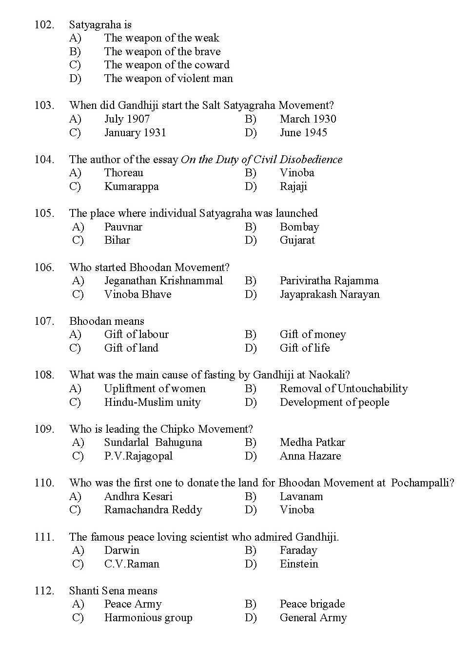 Kerala SET Gandhian Studies Exam 2012 Question Code 12909 11