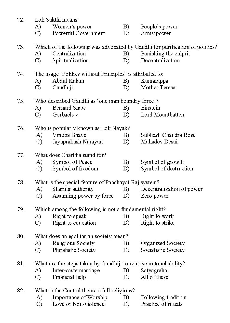 Kerala SET Gandhian Studies Exam 2012 Question Code 12909 8