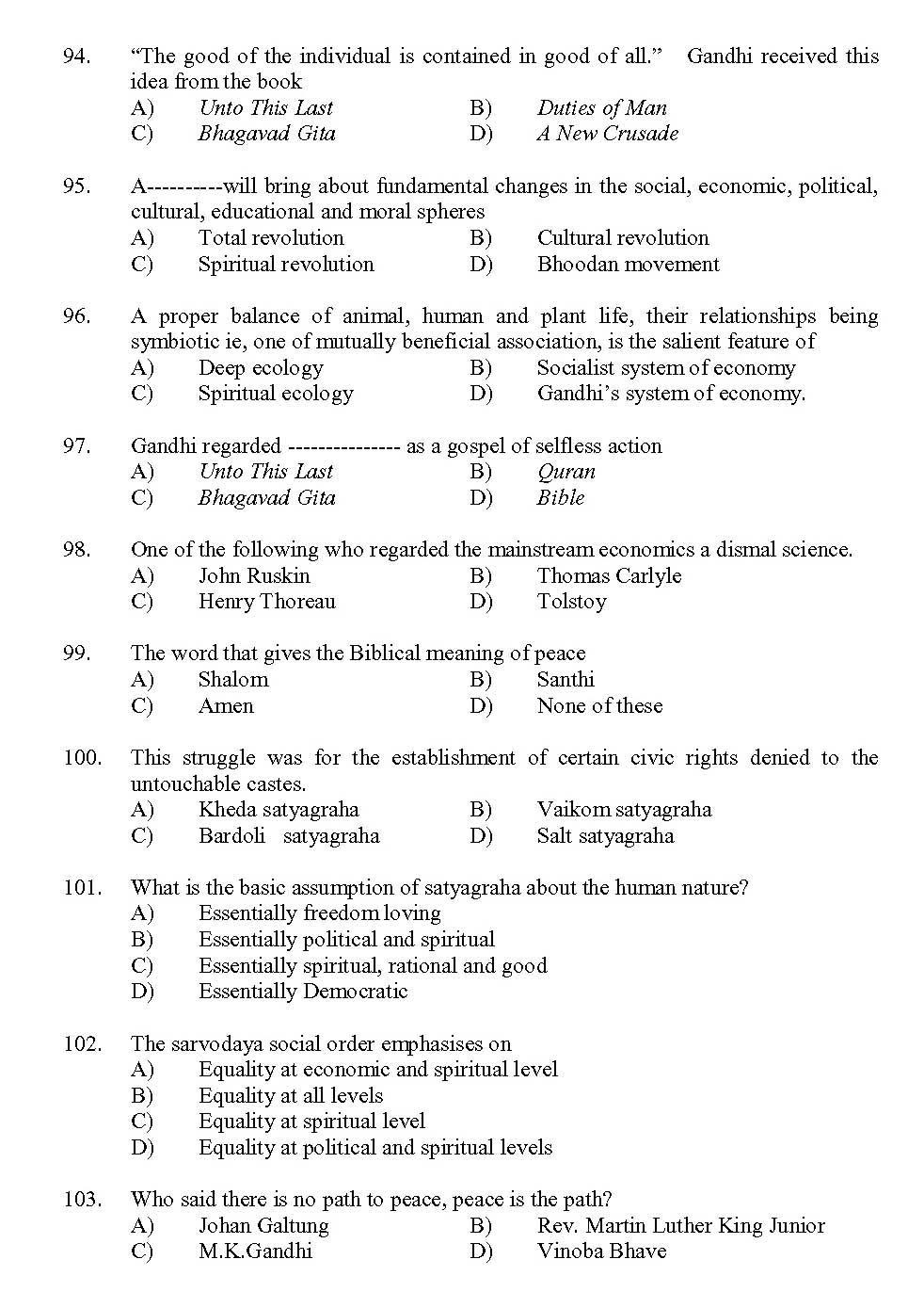Kerala SET Gandhian Studies Exam 2013 Question Code 13609 10