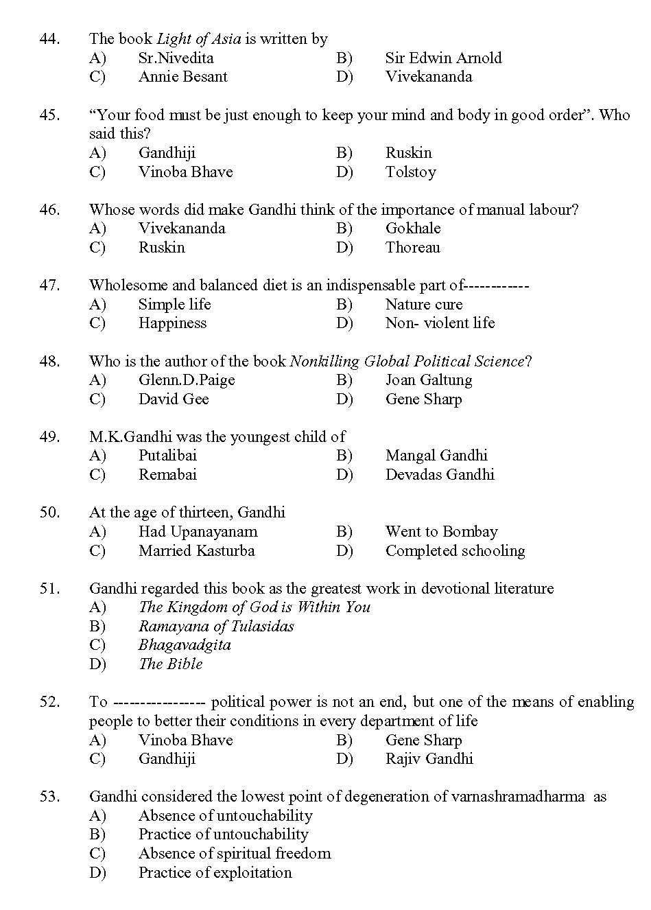 Kerala SET Gandhian Studies Exam 2013 Question Code 13609 5