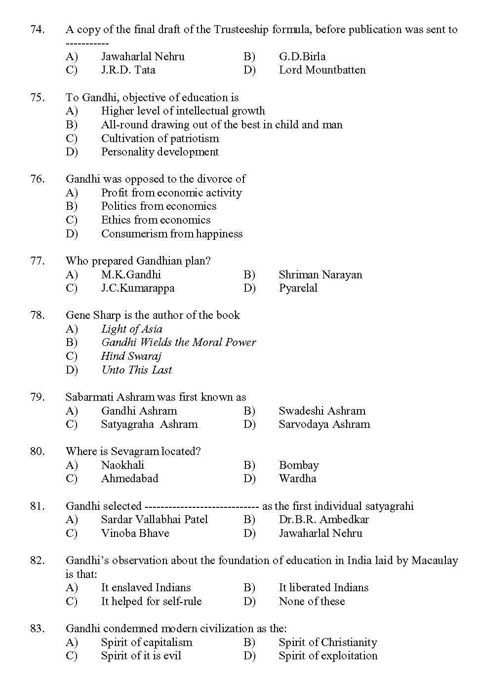 Kerala SET Gandhian Studies Exam 2013 Question Code 13609 8