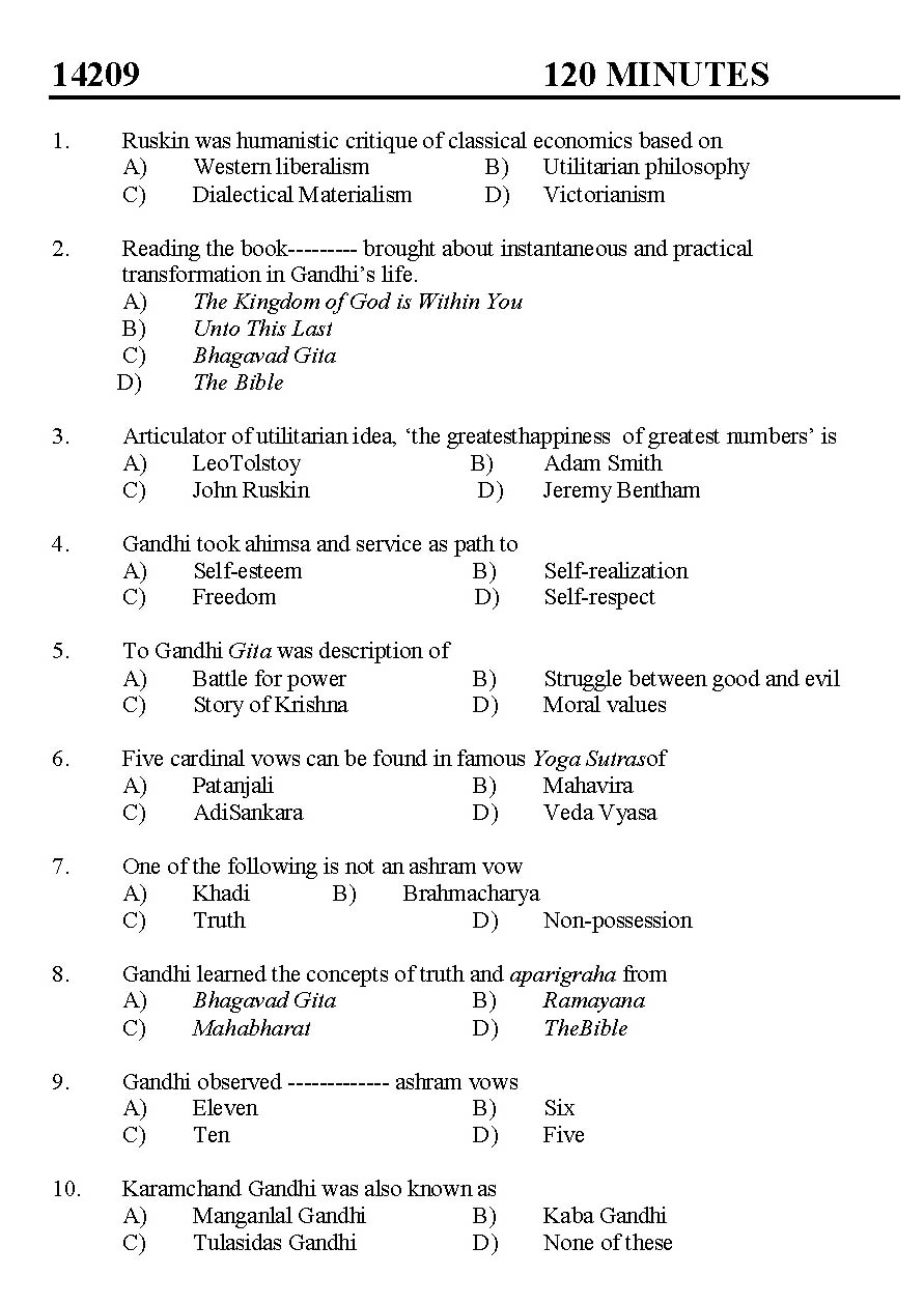 Kerala SET Gandhian Studies Exam 2014 Question Code 14209 1