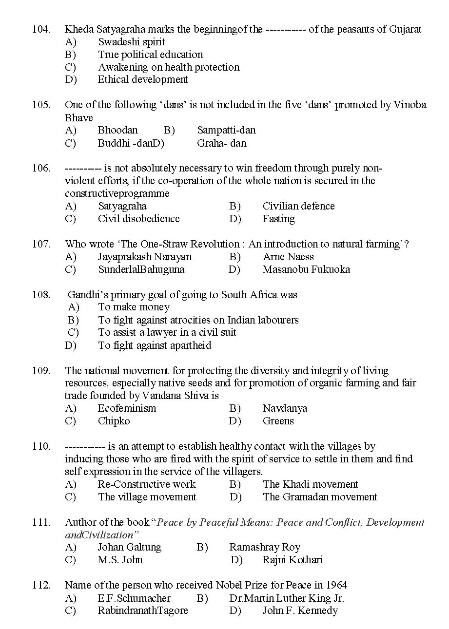 Kerala SET Gandhian Studies Exam 2014 Question Code 14209 11
