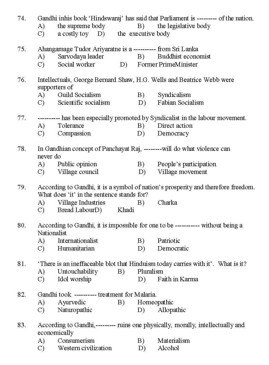 Kerala SET Gandhian Studies Exam 2014 Question Code 14209 8