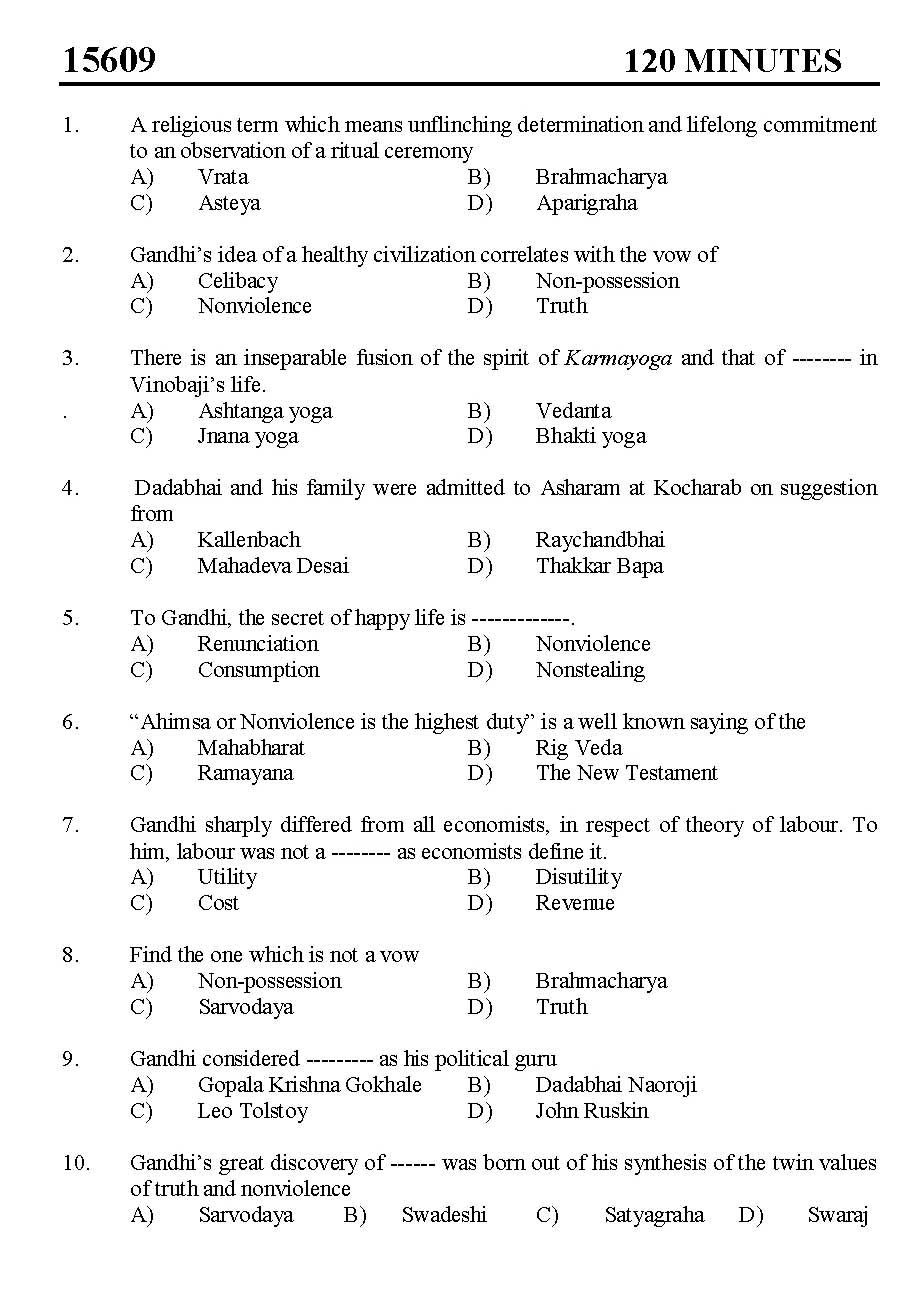 Kerala SET Gandhian Studies Exam 2015 Question Code 15609 1