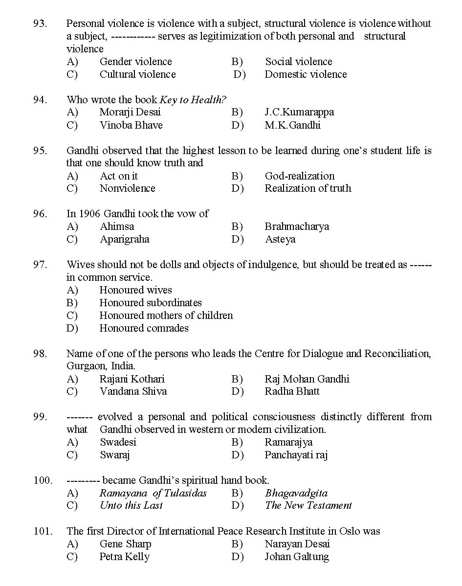 Kerala SET Gandhian Studies Exam 2015 Question Code 15609 10