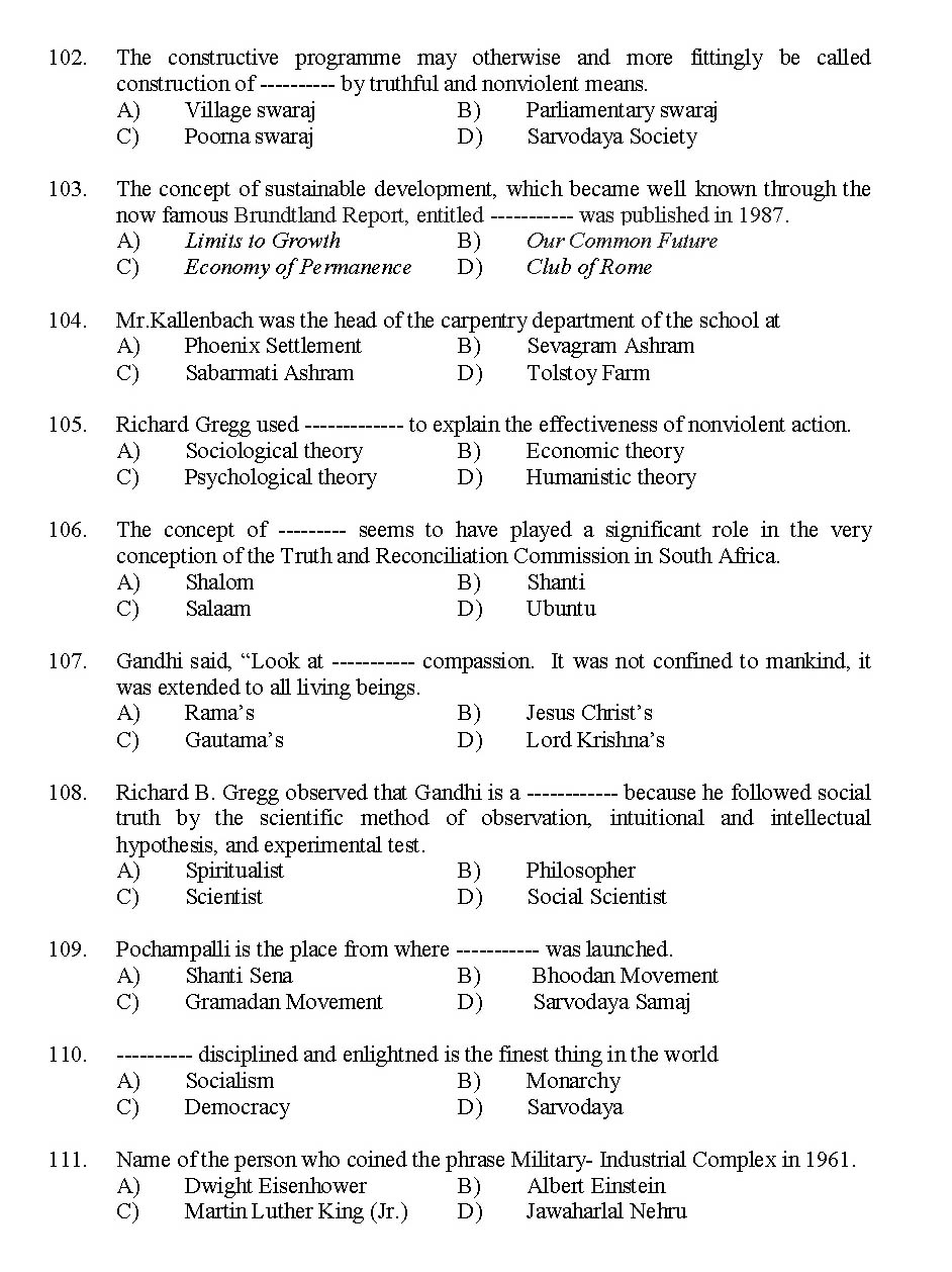 Kerala SET Gandhian Studies Exam 2015 Question Code 15609 11
