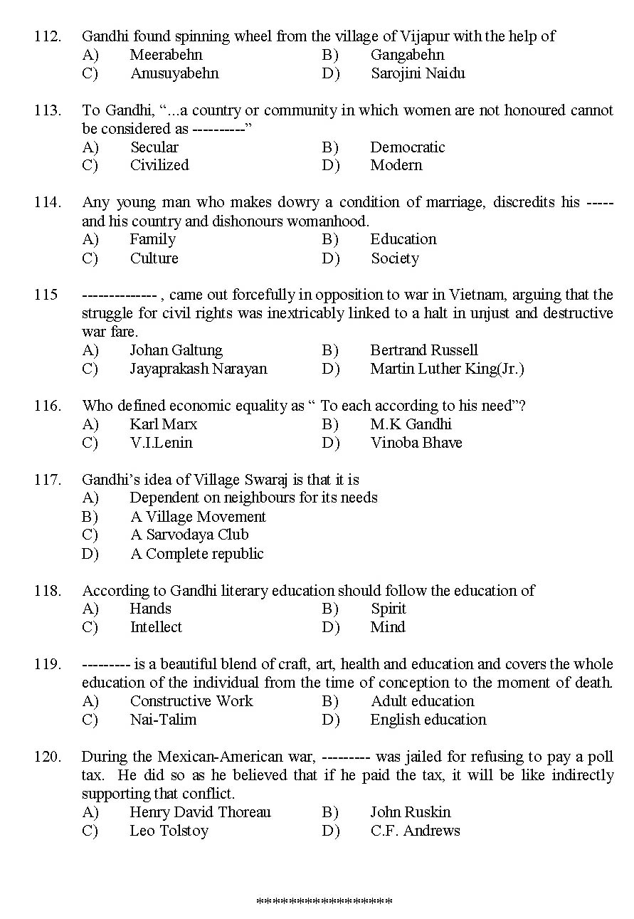 Kerala SET Gandhian Studies Exam 2015 Question Code 15609 12