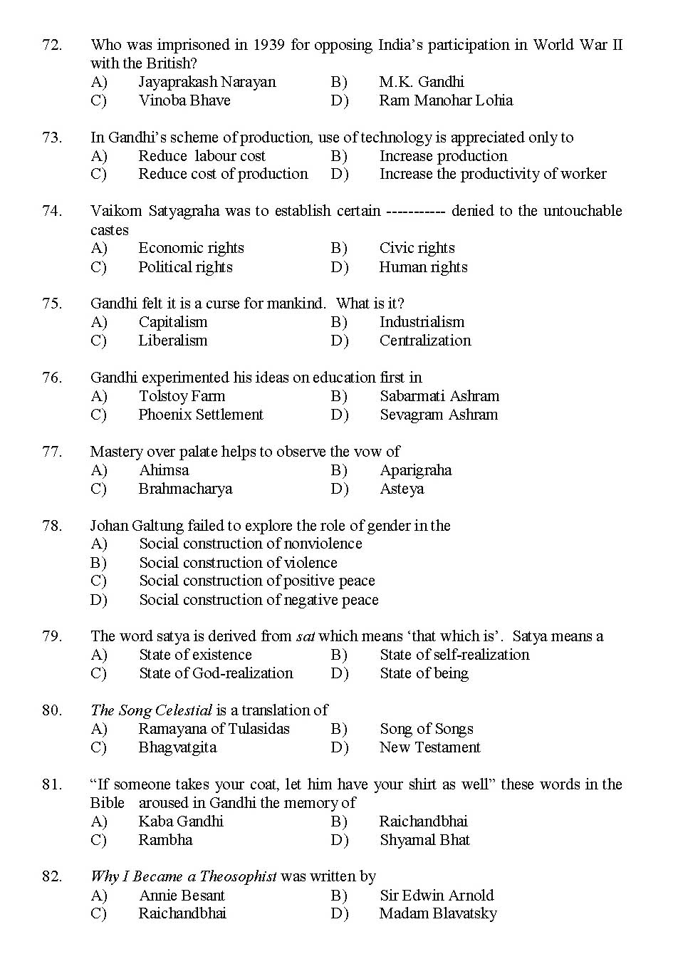 Kerala SET Gandhian Studies Exam 2015 Question Code 15609 8