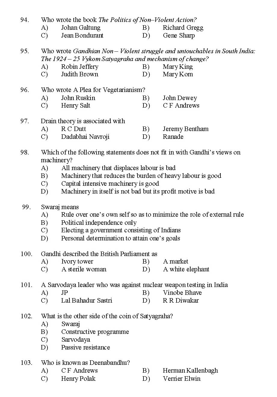 Kerala SET Gandhian Studies Exam 2016 Question Code 16109 A 12