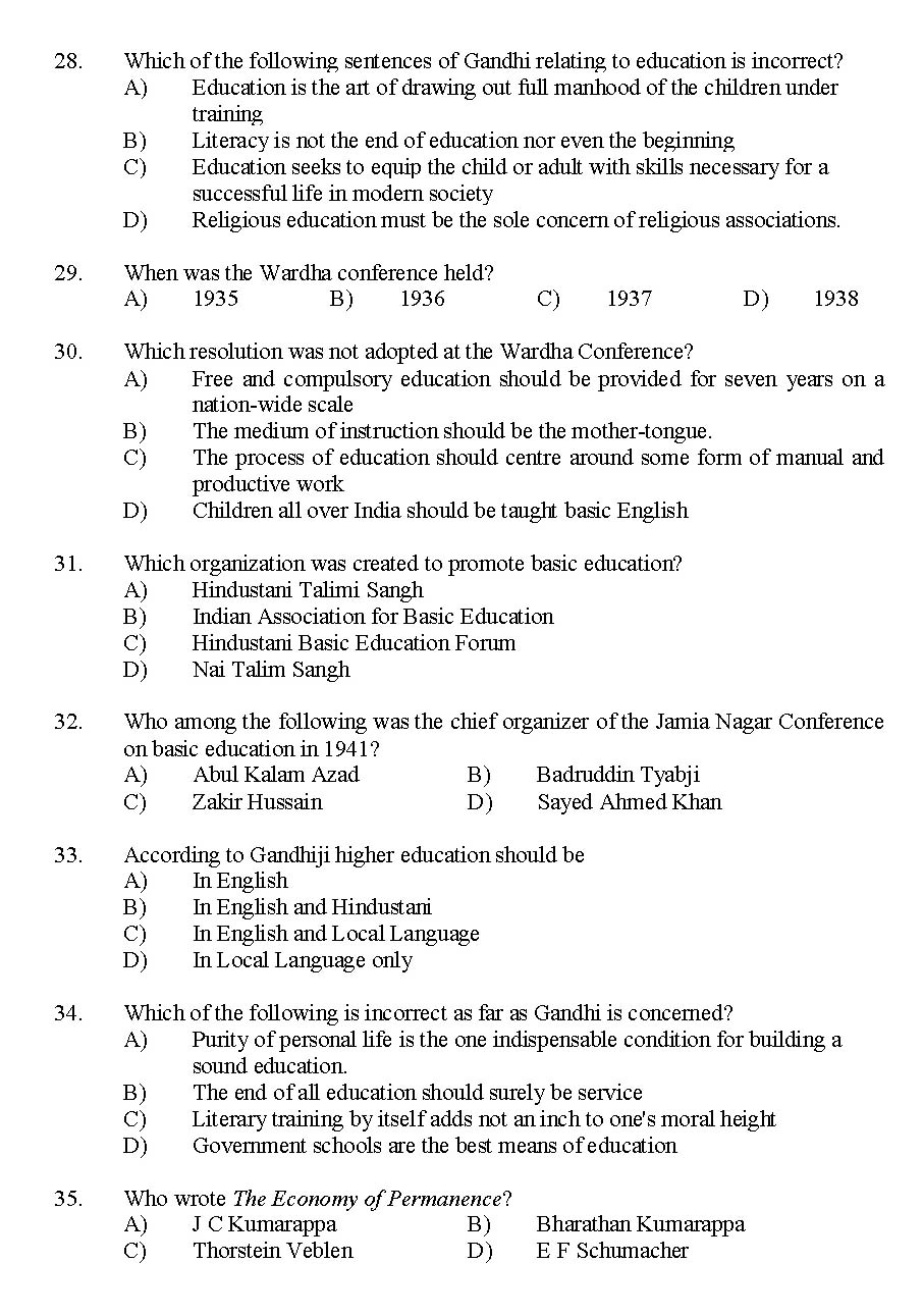 Kerala SET Gandhian Studies Exam 2016 Question Code 16109 A 4