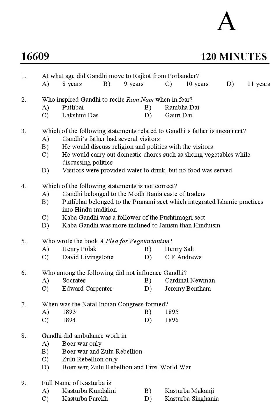 Kerala SET Gandhian Studies Exam 2016 Question Code 16609 A 1