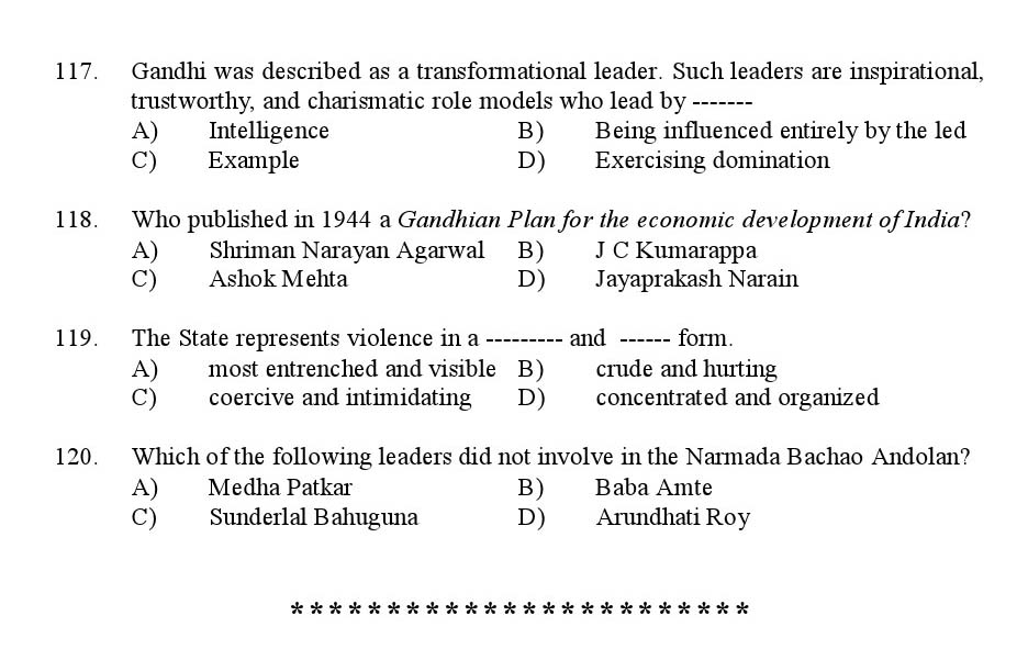 Kerala SET Gandhian Studies Exam 2016 Question Code 16609 A 15