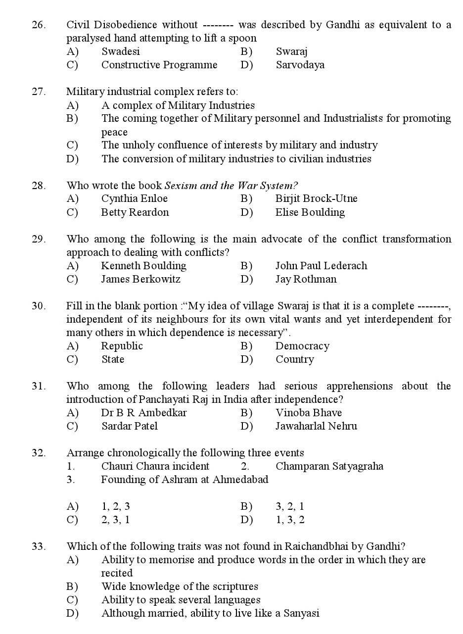 Kerala SET Gandhian Studies Exam 2016 Question Code 16609 A 4
