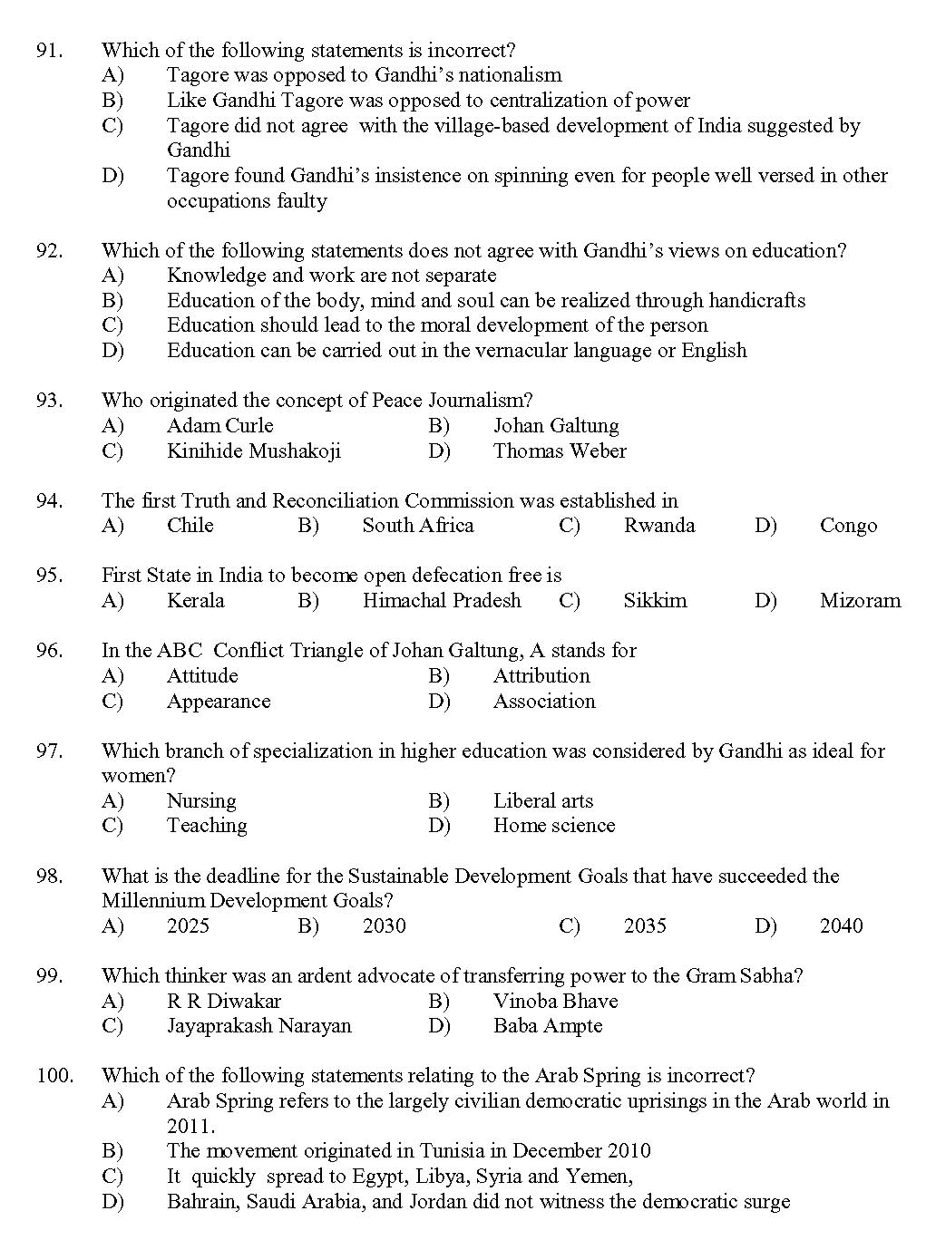 Kerala SET Gandhian Studies Exam 2017 Question Code 17209 A 12