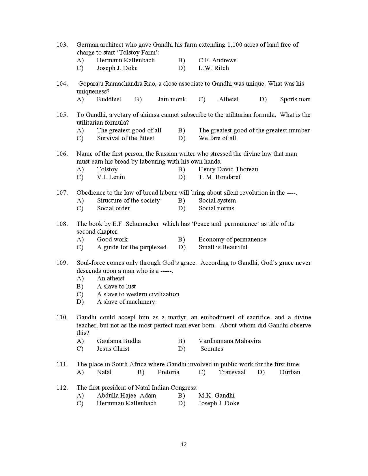 Kerala SET Gandhian Studies Exam Question Paper July 2022 12