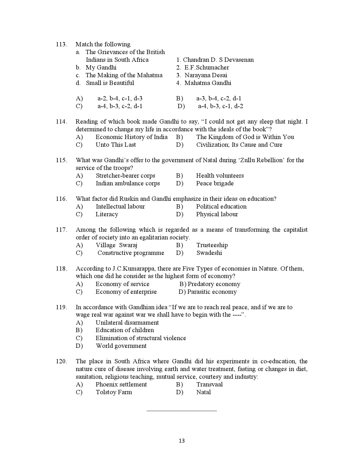 Kerala SET Gandhian Studies Exam Question Paper July 2022 13
