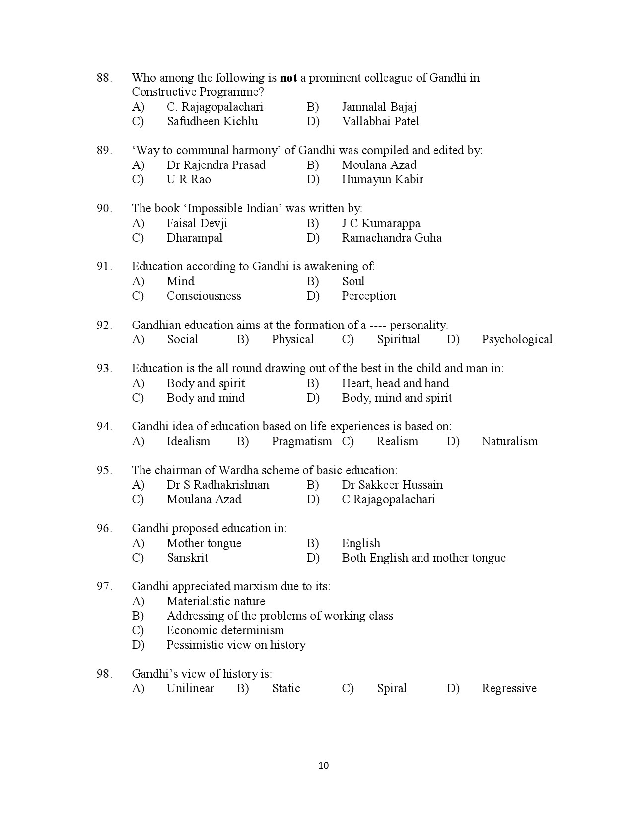 Kerala SET Gandhian Studies Exam Question Paper July 2023 10