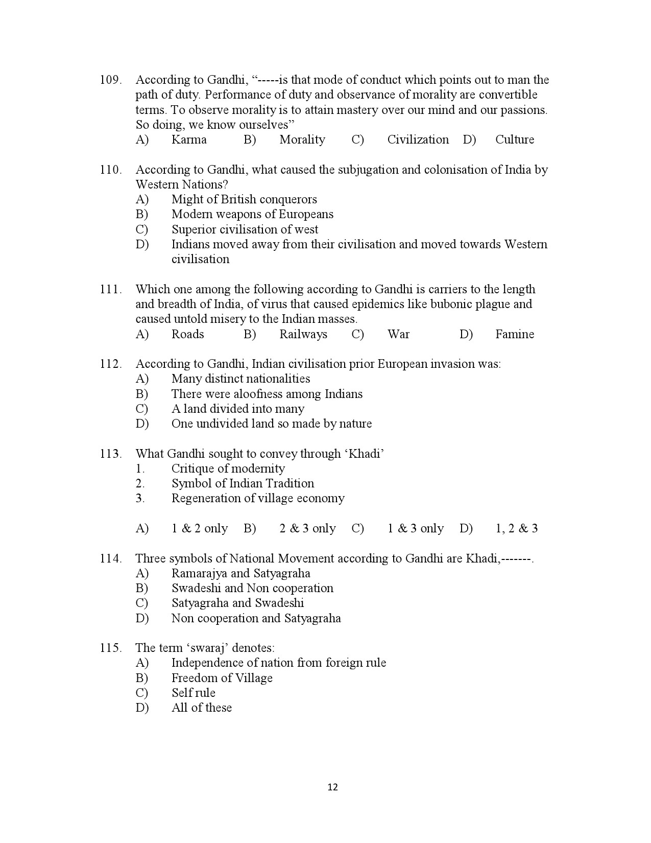 Kerala SET Gandhian Studies Exam Question Paper July 2023 12