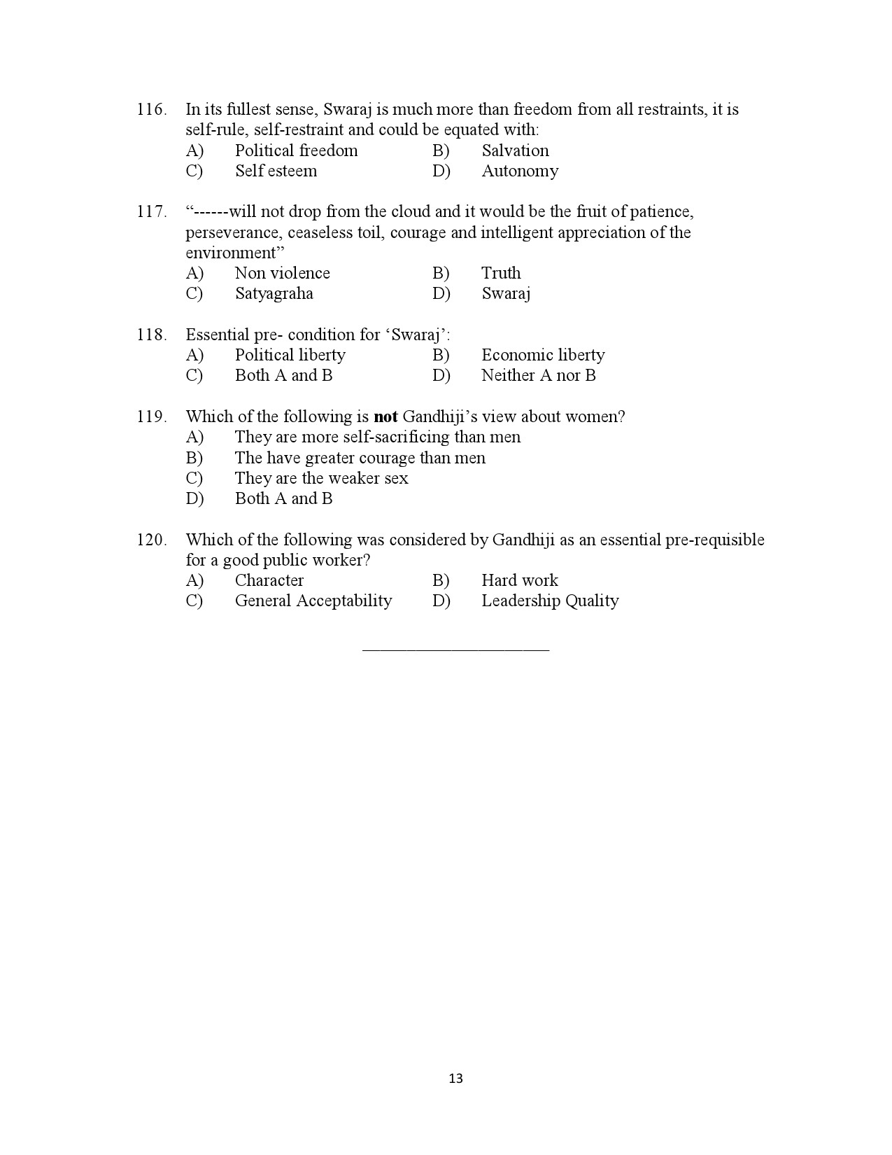 Kerala SET Gandhian Studies Exam Question Paper July 2023 13