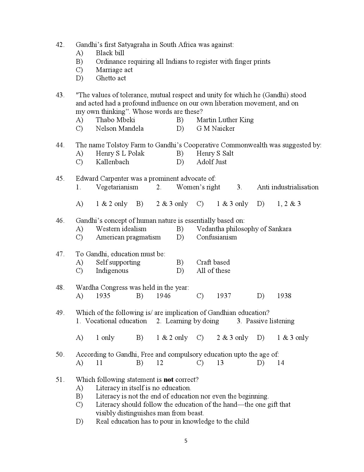 Kerala SET Gandhian Studies Exam Question Paper July 2023 5