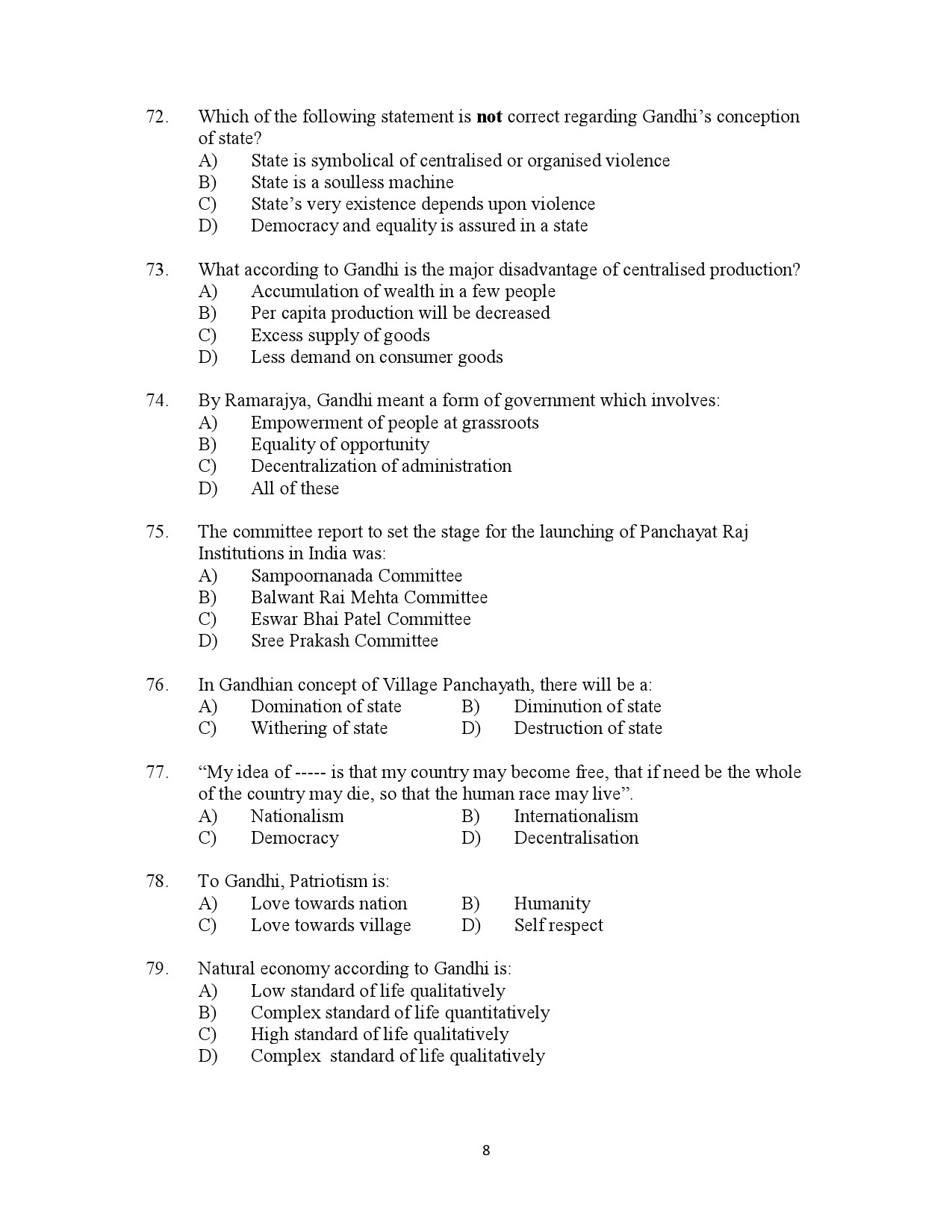 Kerala SET Gandhian Studies Exam Question Paper July 2023 8