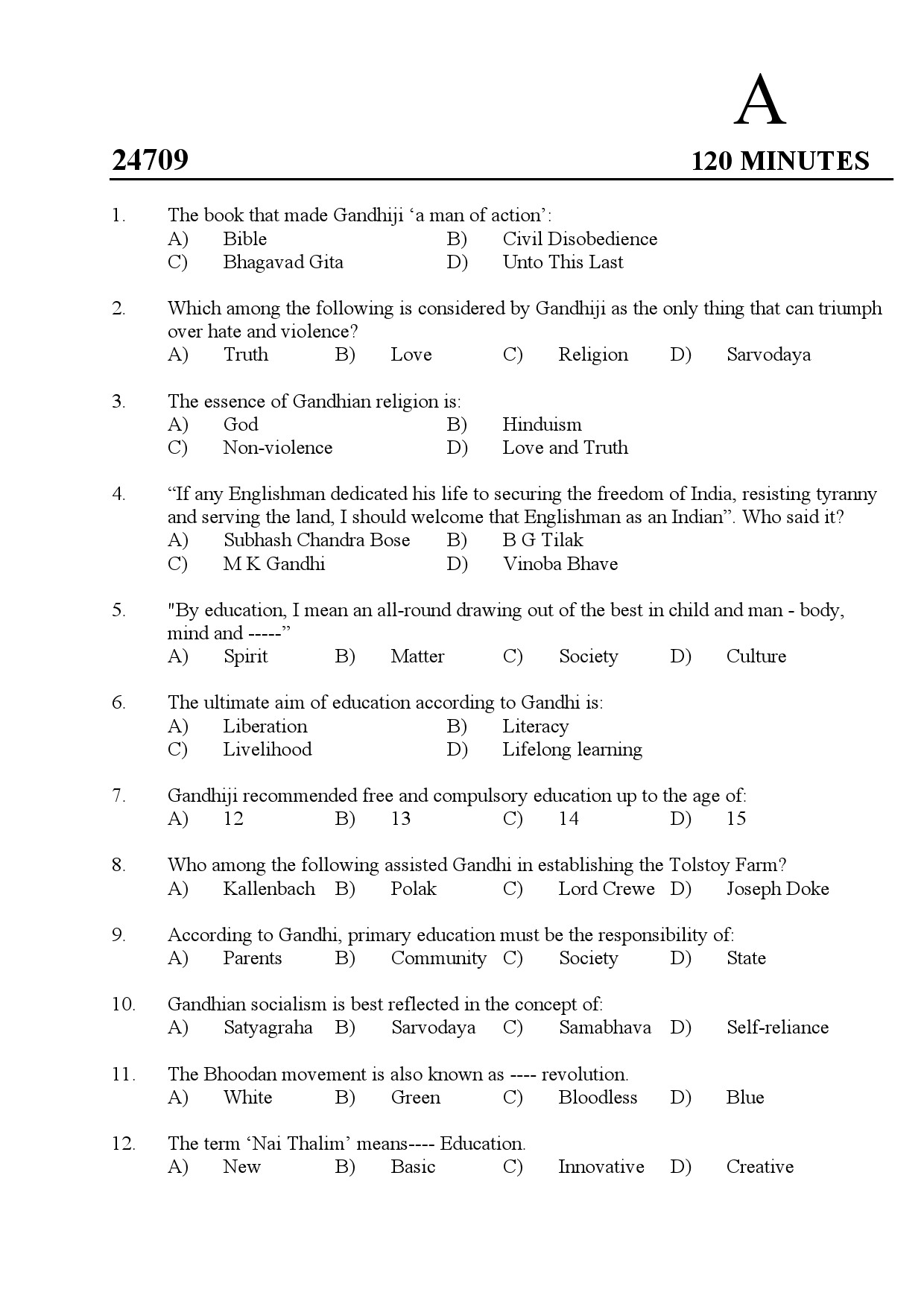 Kerala SET Gandhian Studies Exam Question Paper July 2024 1