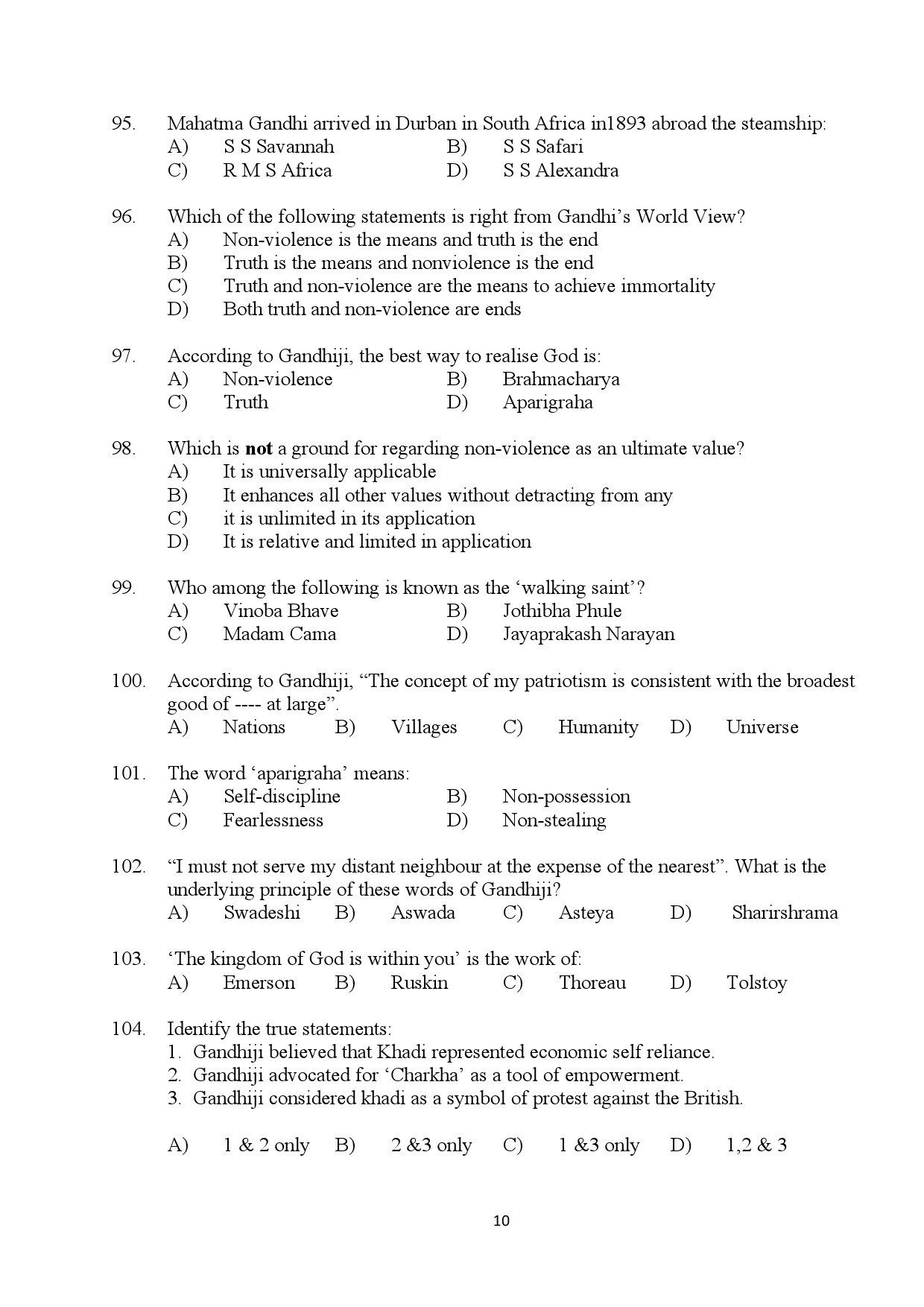 Kerala SET Gandhian Studies Exam Question Paper July 2024 10