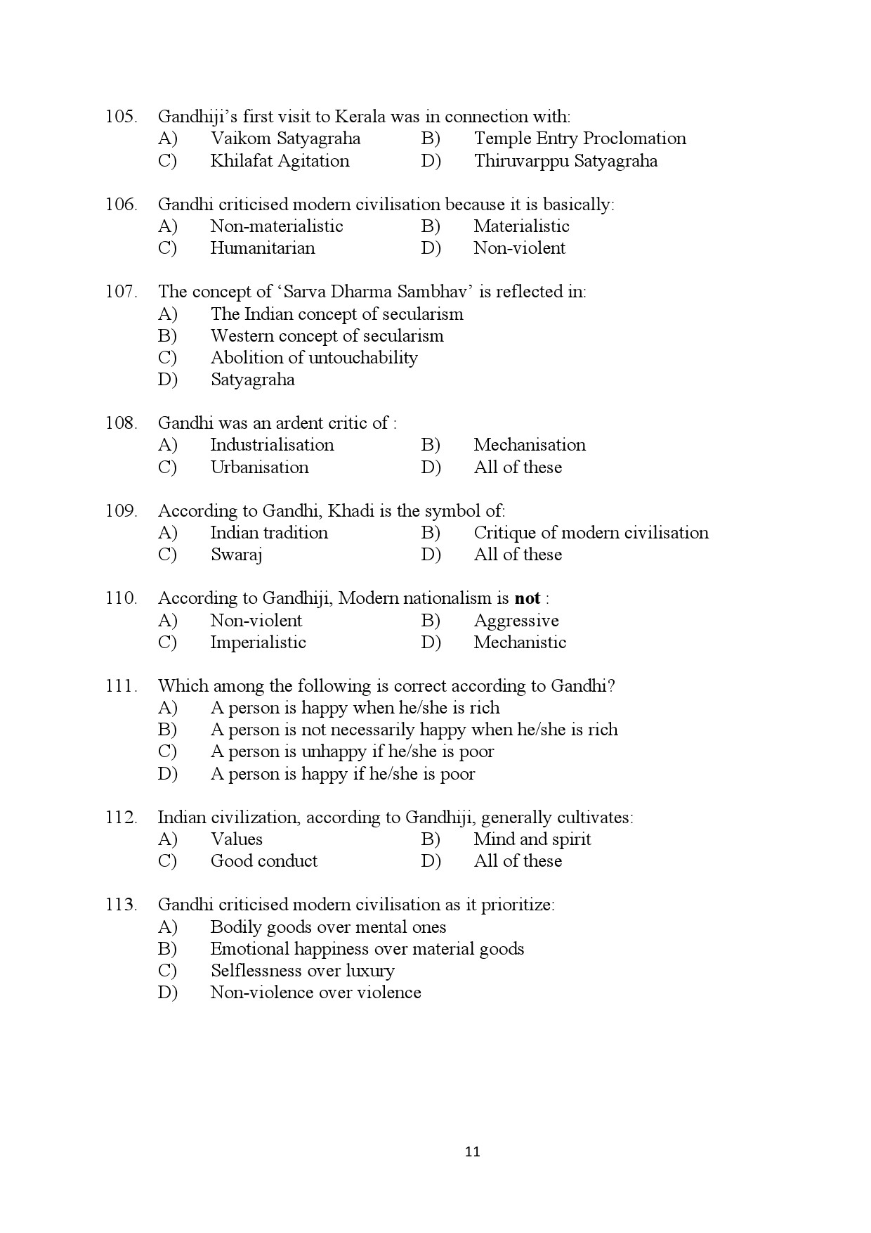 Kerala SET Gandhian Studies Exam Question Paper July 2024 11