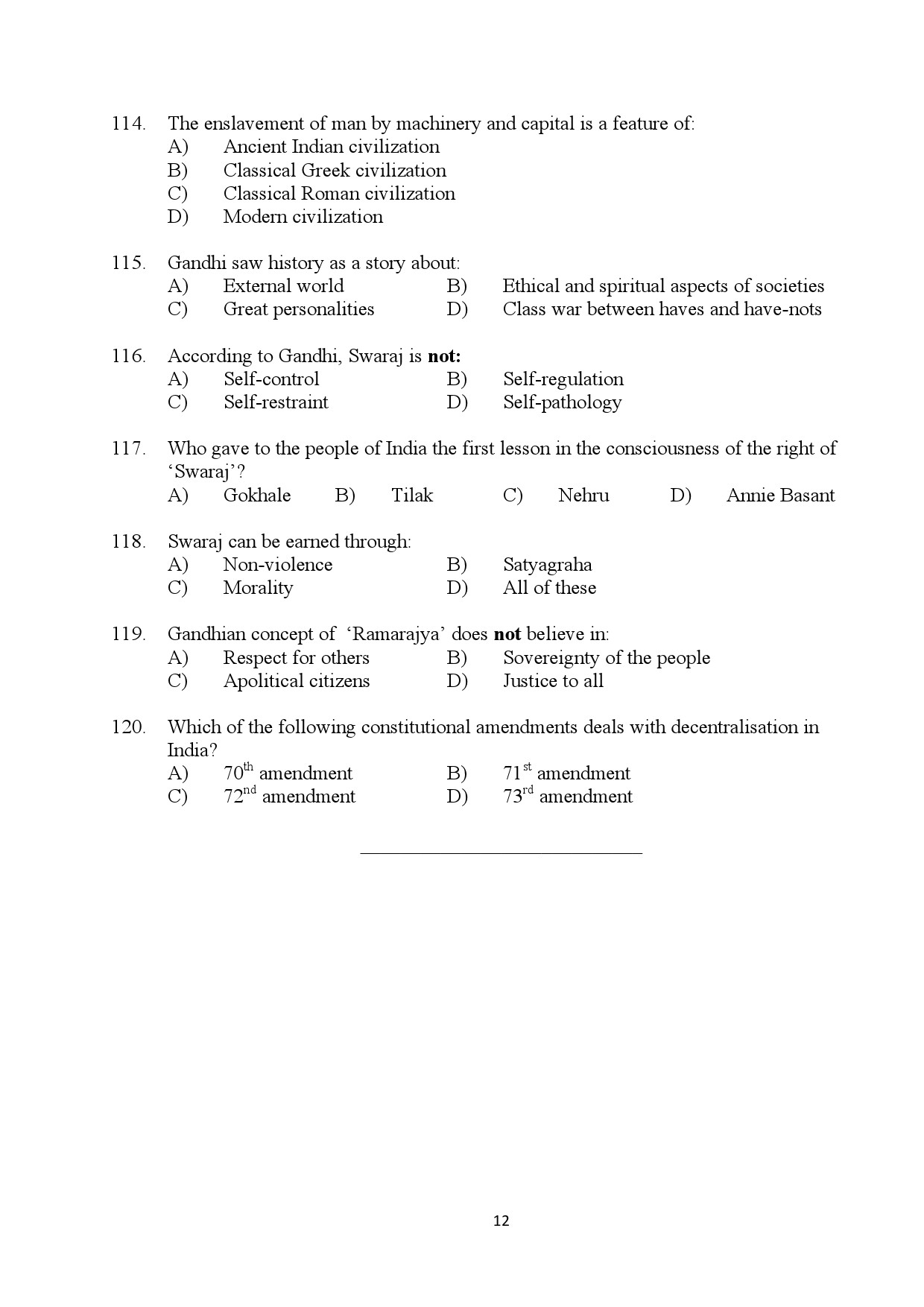 Kerala SET Gandhian Studies Exam Question Paper July 2024 12