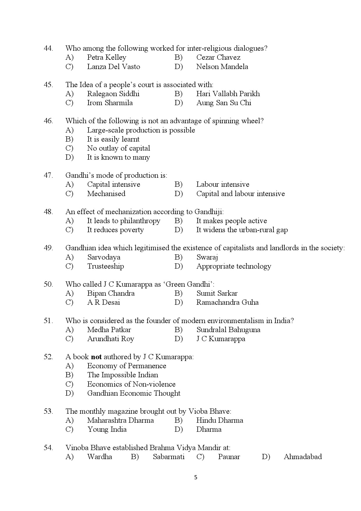 Kerala SET Gandhian Studies Exam Question Paper July 2024 5