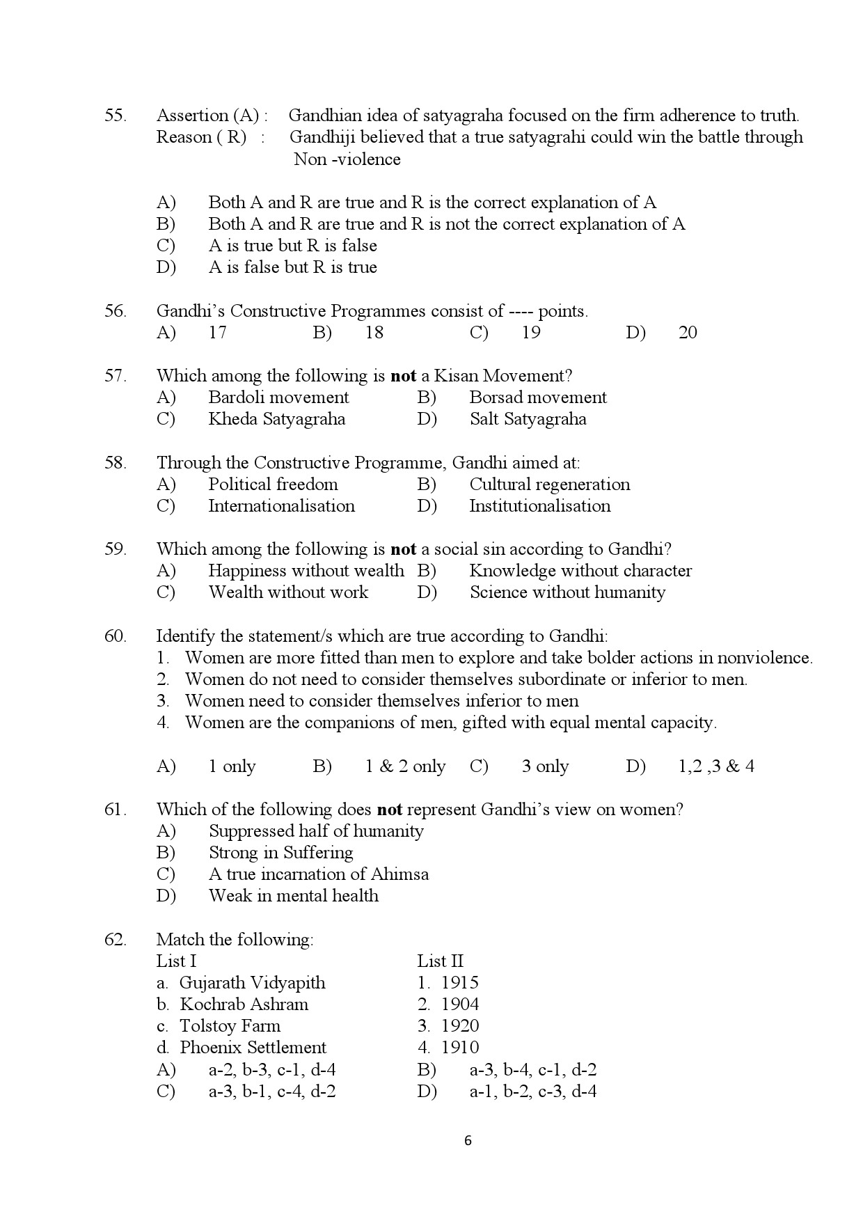 Kerala SET Gandhian Studies Exam Question Paper July 2024 6