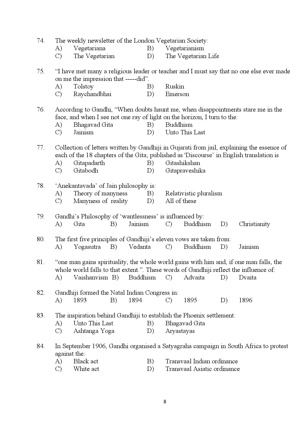 Kerala SET Gandhian Studies Exam Question Paper July 2024 8