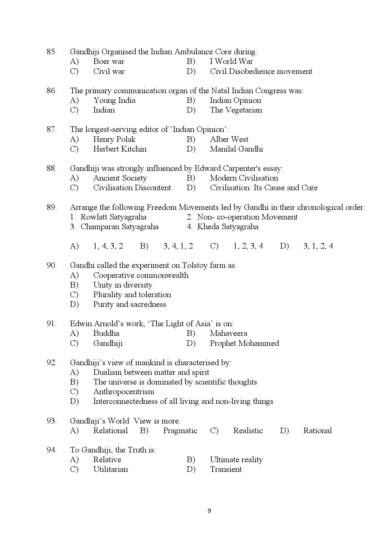 Kerala SET Gandhian Studies Exam Question Paper July 2024 9