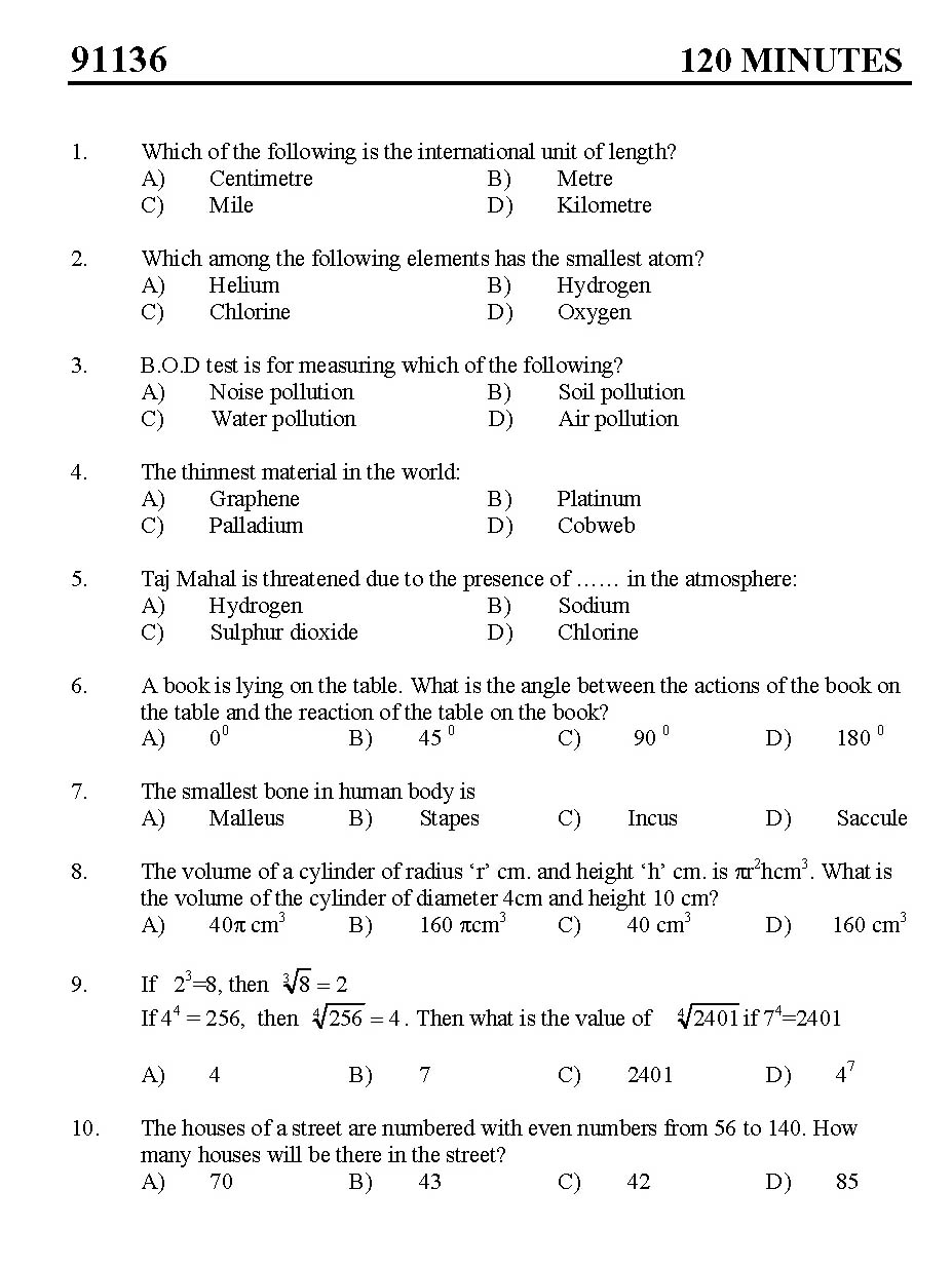 Kerala SET General Knowledge Exam 2011 Question Code 91136 State Eligibility Test SET Kerala Exams