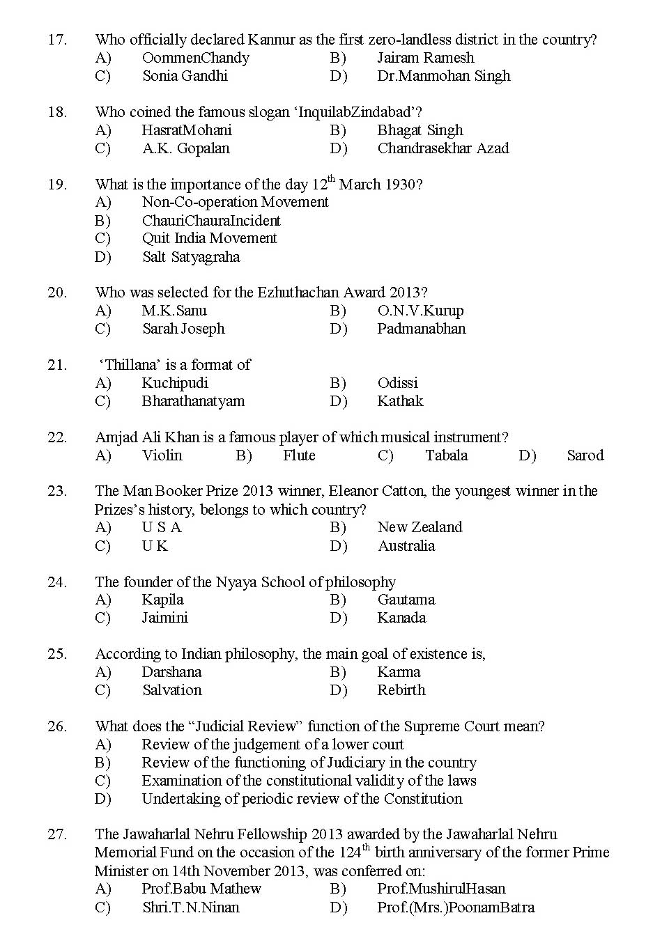 Kerala SET General Knowledge Exam 2014 Question Code 14236 3