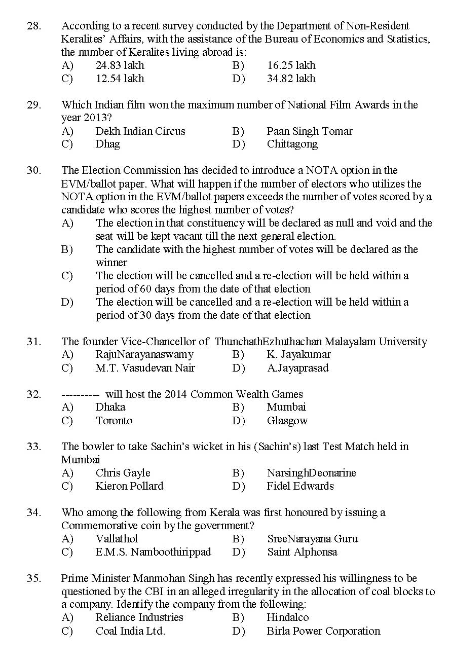 Kerala SET General Knowledge Exam 2014 Question Code 14236 4