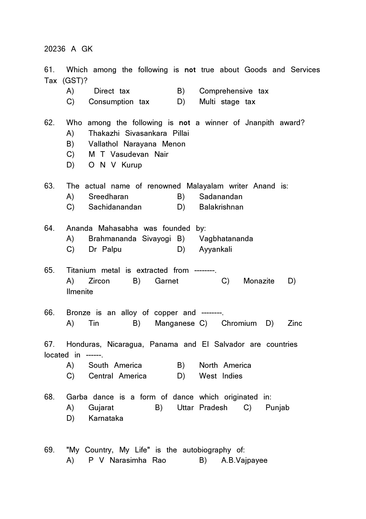 Kerala SET General Knowledge Exam Question Paper February 2020 10