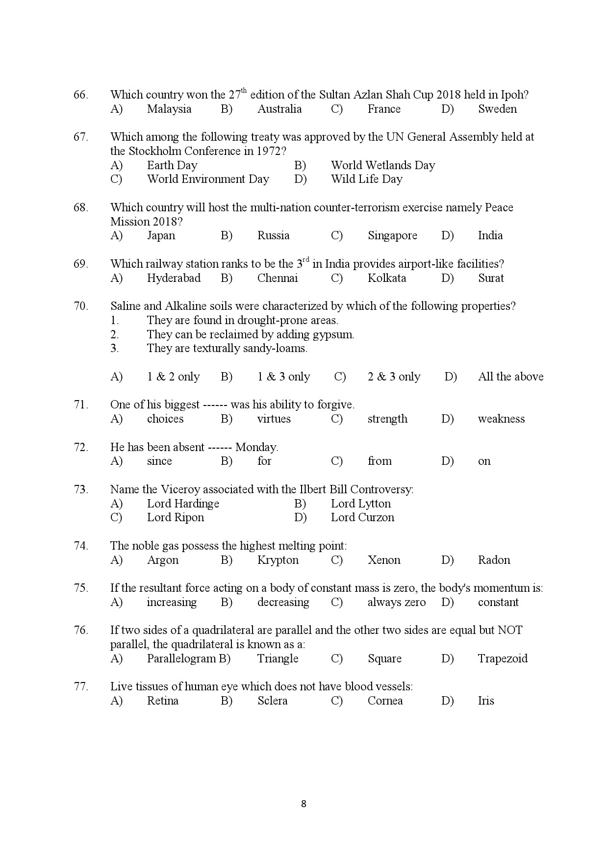 Kerala SET General Knowledge Exam Question Paper July 2018 8